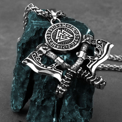 Mens Double Axe Stainless Steel Pendant Necklace